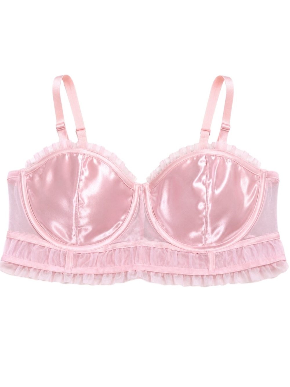Auden Satin & Mesh Ruffled Longline Bralette in Ballet Pink